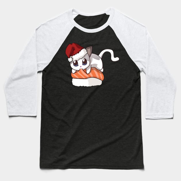 White Cat Salmon Sushi Christmas Baseball T-Shirt by Myanko